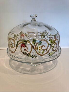 Hand Painted Vintage Glass Cake Stand Pedestal Domed Lid Floral Berries Gold 12"